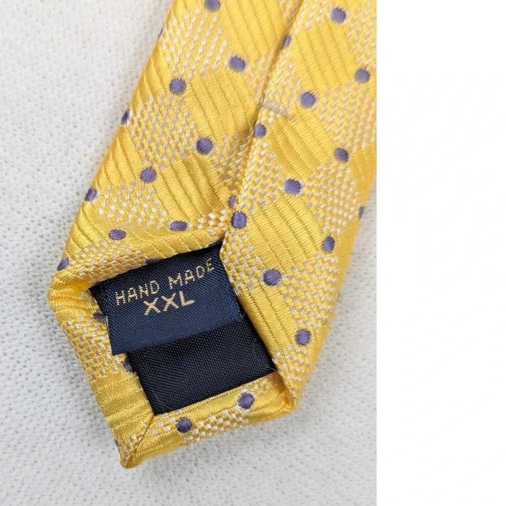 Hisdern Mens XXL Extra Long Tie Yellow Purple Polka Dot Geometric Hand Made 63in